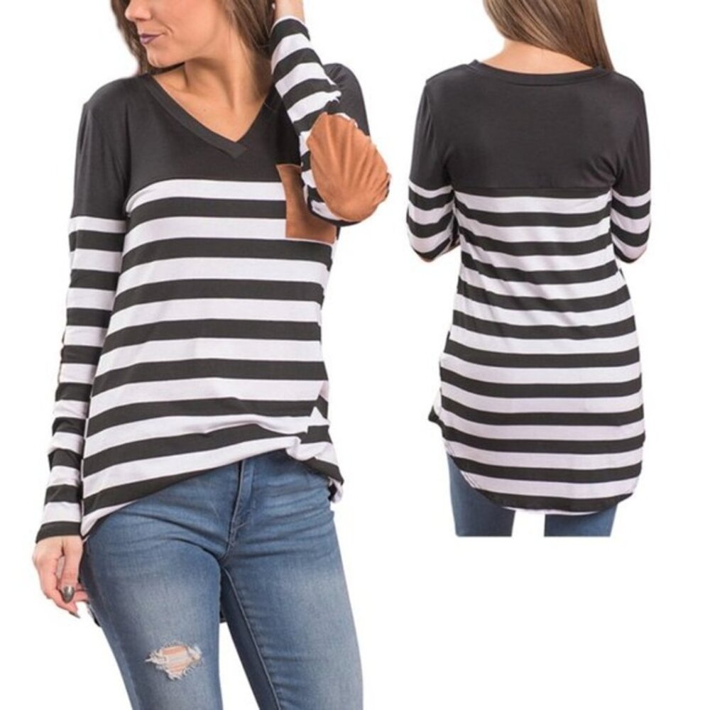 Breathable Long Sleeve V-Neck Elbow Patch B/W Striped Tee High Low Casual Top